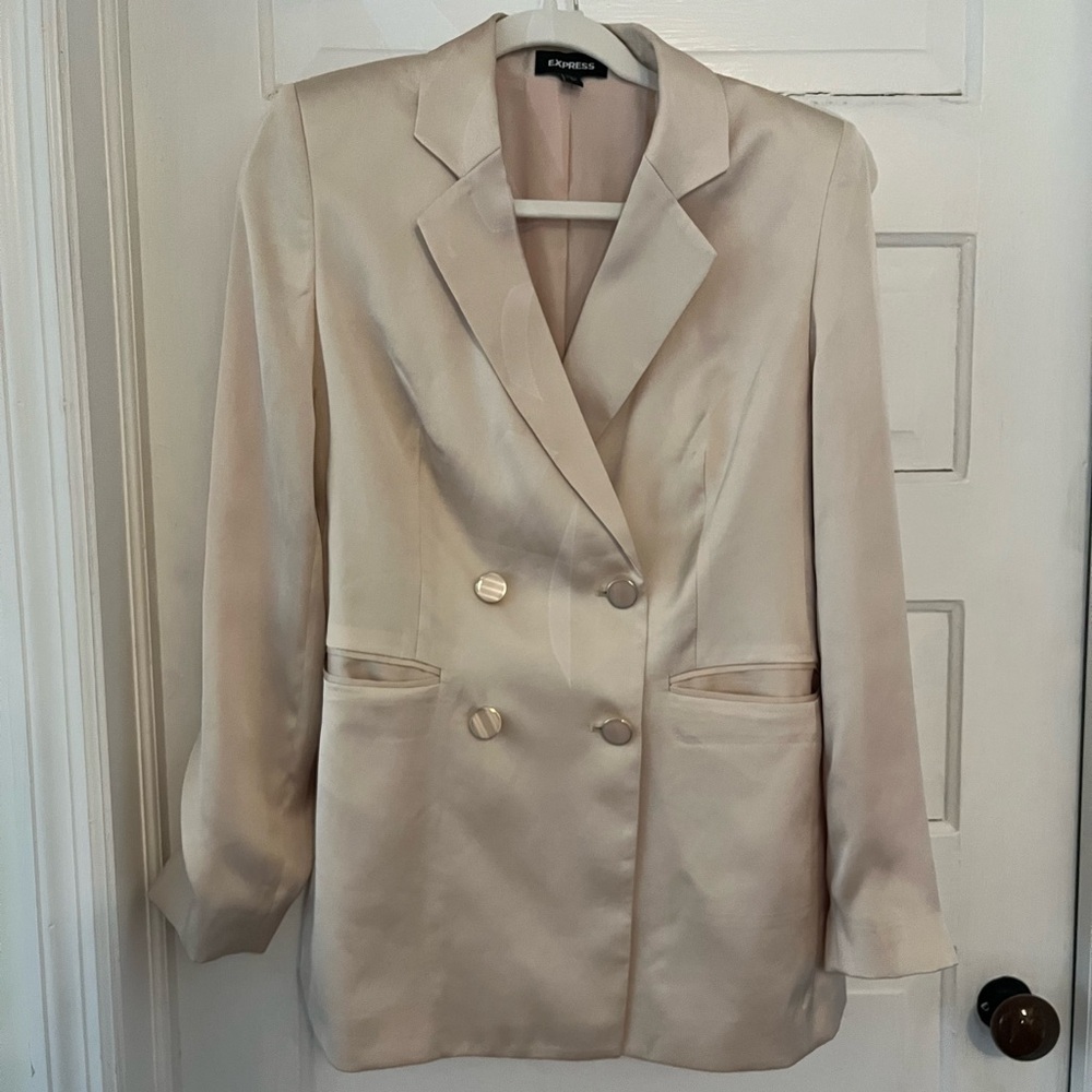 Express Satin Double-Breasted Cream Blazer